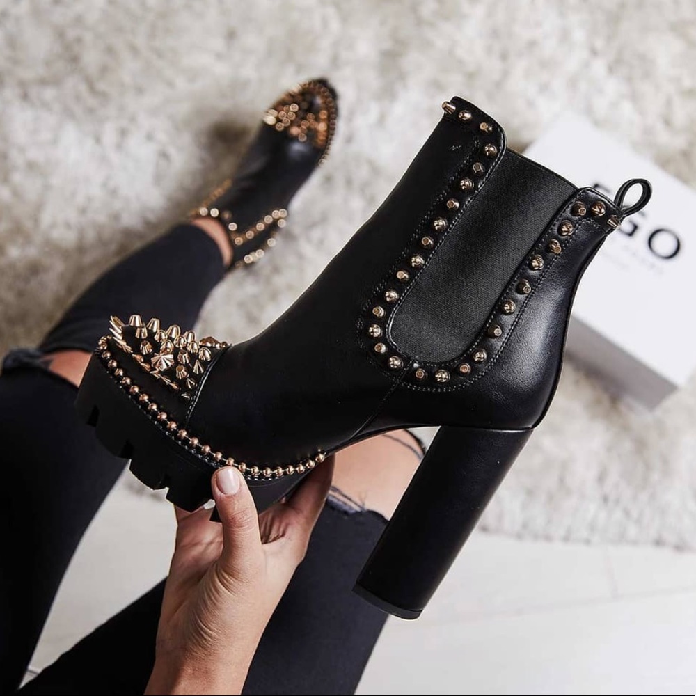 EGO Domino Gold Stud Black Platform Boots